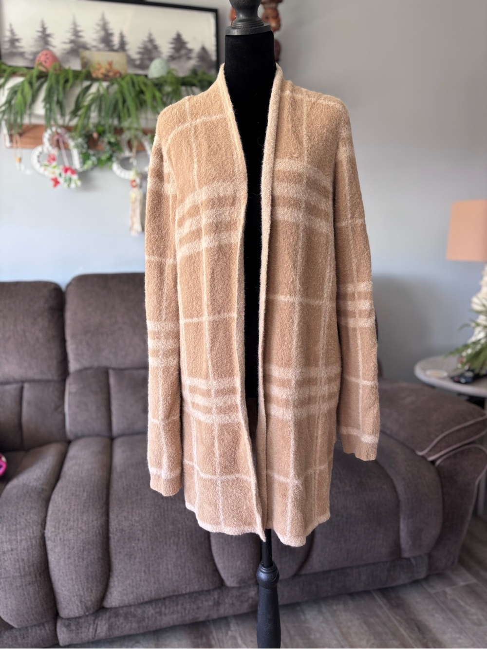 Cyrus Camel Plaid Open-Front Cardigan